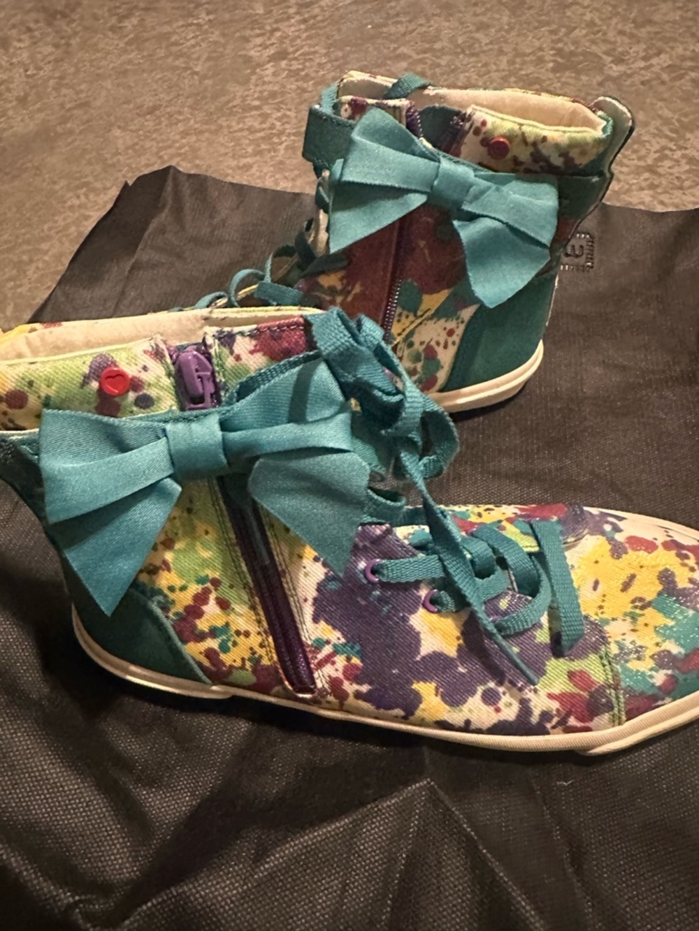UGG Teal Bow High-Top Sneakers with Multi-Color Paint Splatter
